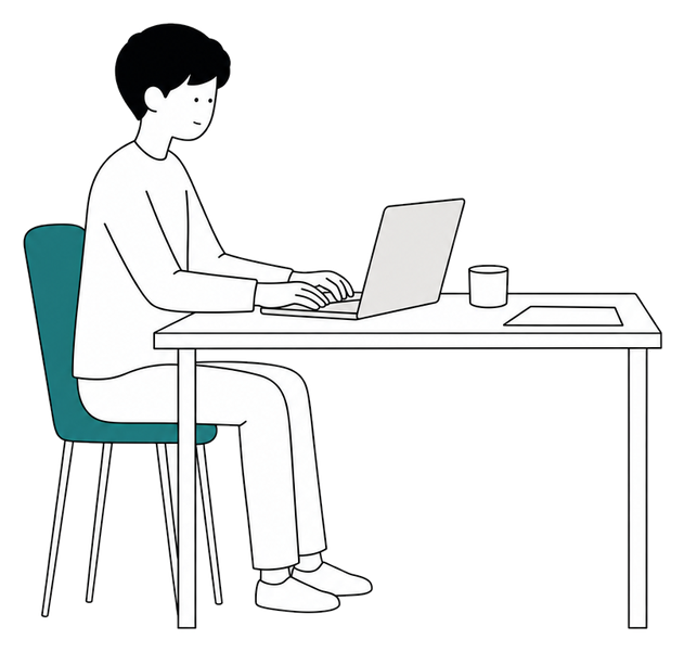 机に向かってノートパソコンで作業している人のイラスト
