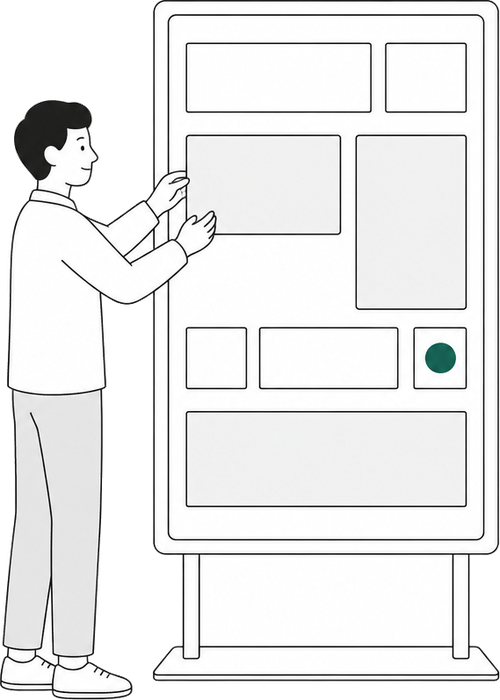 大きな画面に並んだ区画を、ひとつずつ整えている人のイラスト