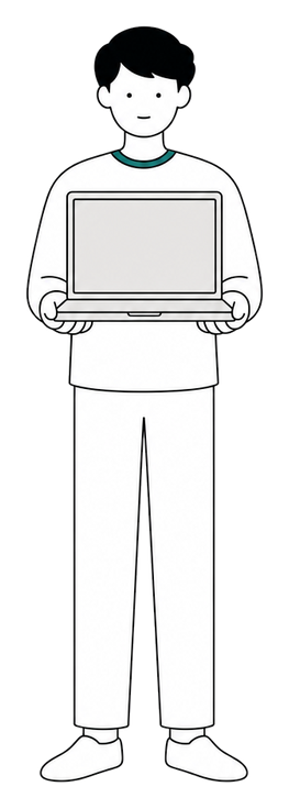 ノートパソコンの画面をこちらに向けて差し出している人のイラスト