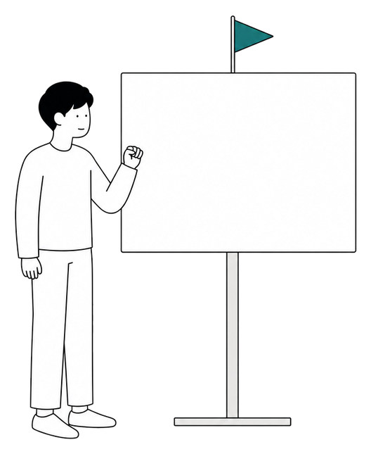 小さな旗の立った画面の横で手を上げている人のイラスト