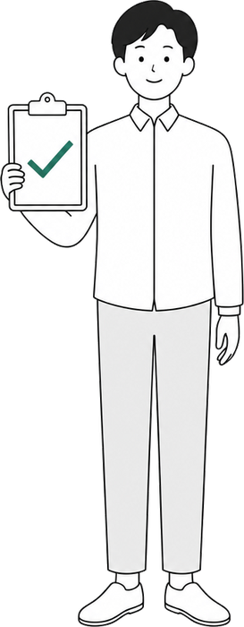確認の印が付いた紙を掲げて立っている人のイラスト