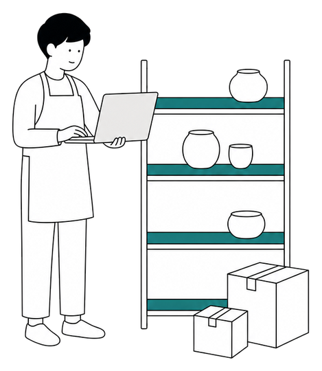 棚に並ぶ商品と段ボールのそばで、ノートパソコンを見ている店主のイラスト