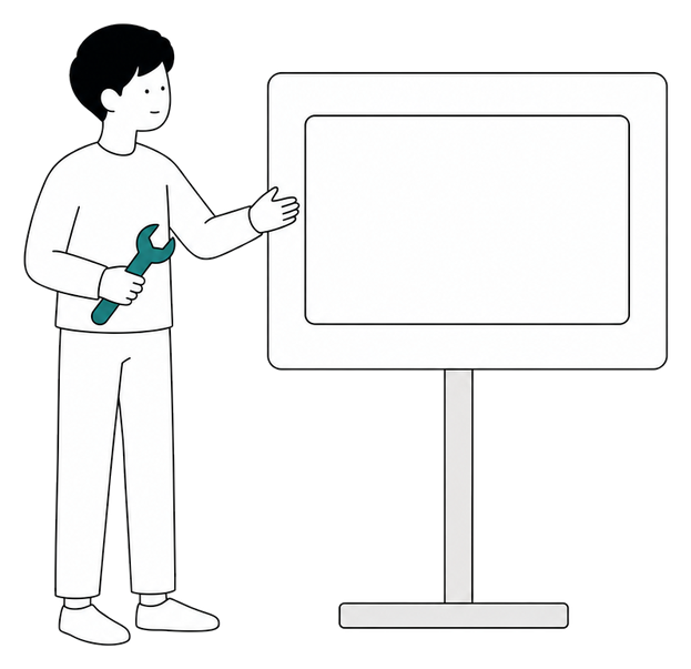 画面の横でスパナを持っている人のイラスト