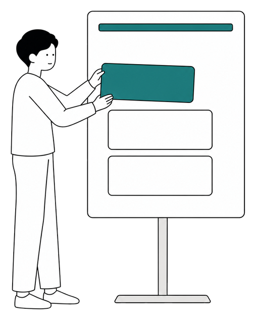 大きな画面に、中身の入っていないブロックを並べている人のイラスト
